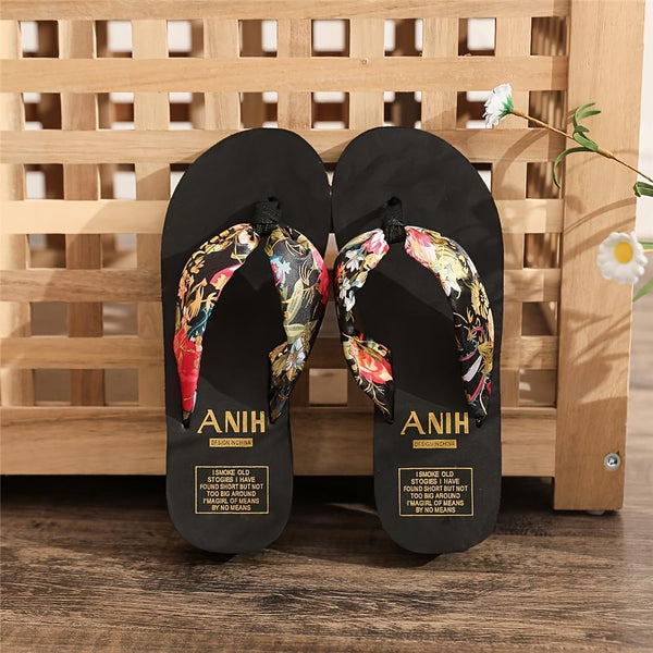 Satin Wedge Flip-Flop Slippers Shoes - Bohemian Floral Outdoor Beach Sandals