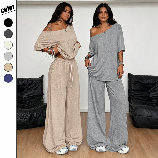 Women's 2 Piece Lounge Set - Asymmetrical Crop Top & Wide Leg Pants Summer Outfit