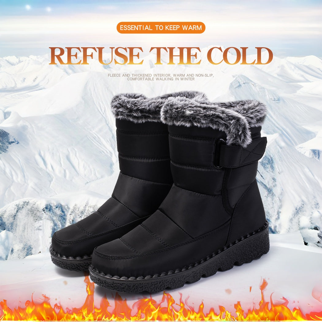 Women's Waterproof Snow Boots - Fuzzy Winter Boots with Hook & Loop Closure | Warm Non-Slip Black Fur Boots