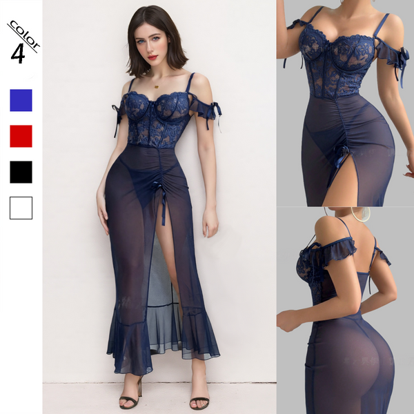 Women's Sheer Lace Chemise Set – One-Shoulder Mesh Nightgown with Spaghetti Straps