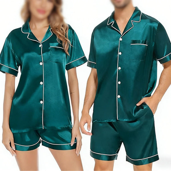 Matching Satin Pajama Set – Short Sleeve Couple Sleepwear for Valentine's Day