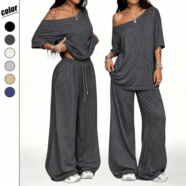 Women's 2 Piece Lounge Set - Asymmetrical Crop Top & Wide Leg Pants Summer Outfit