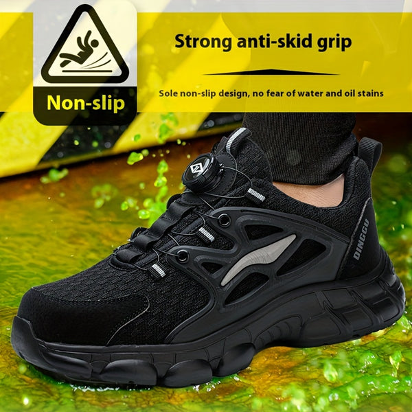 Men's Steel Toe Black Work Shoes - Puncture Resistant & Adjustable Closure Safety Sneakers