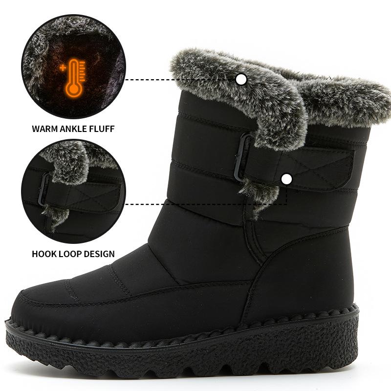 Women's Waterproof Snow Boots - Fuzzy Winter Boots with Hook & Loop Closure | Warm Non-Slip Black Fur Boots