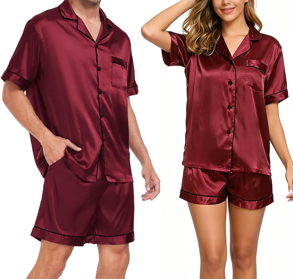 Matching Satin Pajama Set – Short Sleeve Couple Sleepwear for Valentine's Day