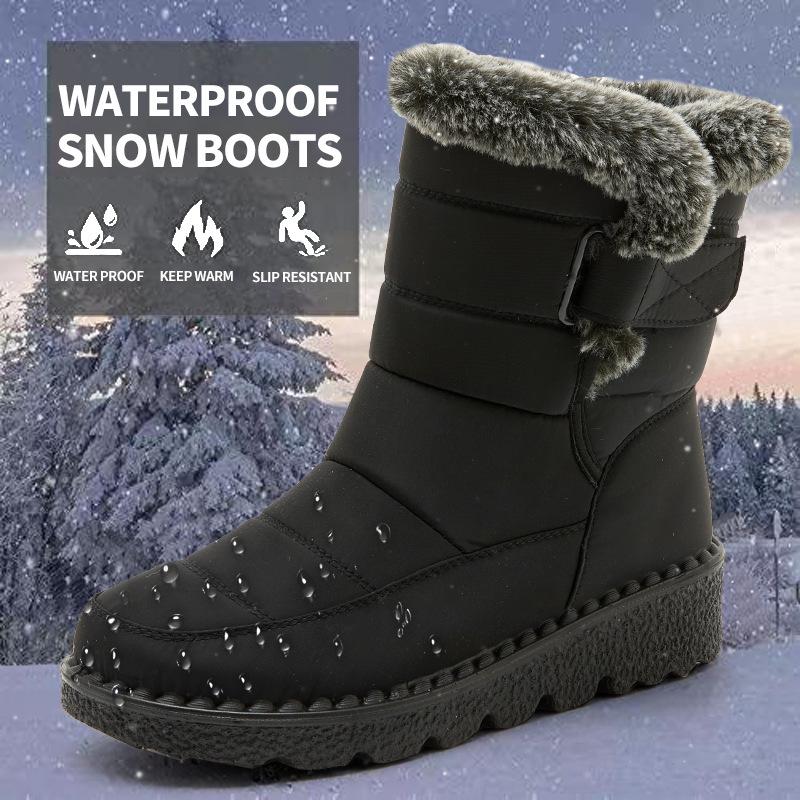 Warm Companion Women's Fuzzy Snow Boots - Cozy Winter Shoes with Hook-and-Loop Closure Waterproof Black Furboots Footwear for Girls