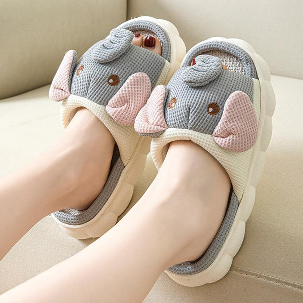 Unisex Linen Slippers - Open Toe, Elephant Print, Non-Slip EVA Sole for Indoor/Outdoor