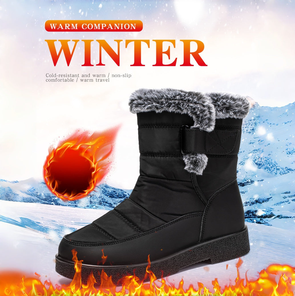 Women's Waterproof Snow Boots - Fuzzy Winter Boots with Hook & Loop Closure | Warm Non-Slip Black Fur Boots