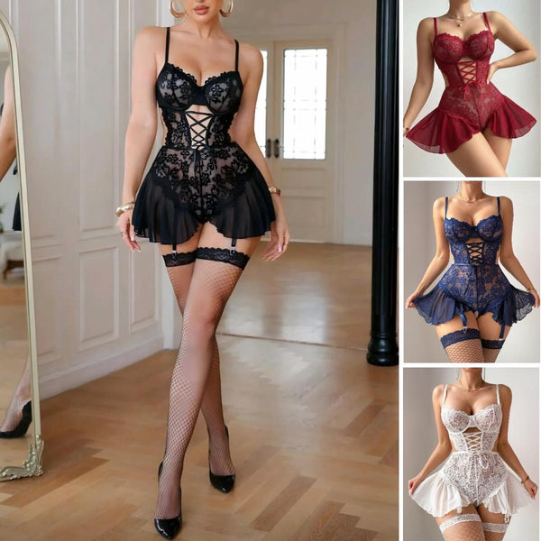 Women's Backless Nightdress - Sexy Ruffle Trim Sleep Dress with Slit Hem