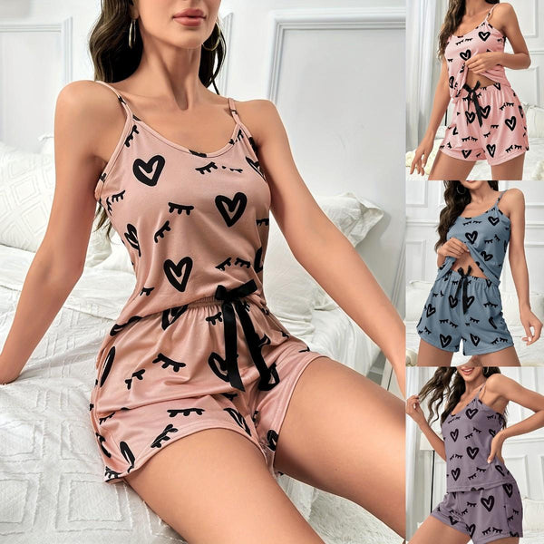 Heart Print Pajama Set for Women - Tank Top & Shorts Summer Sleepwear