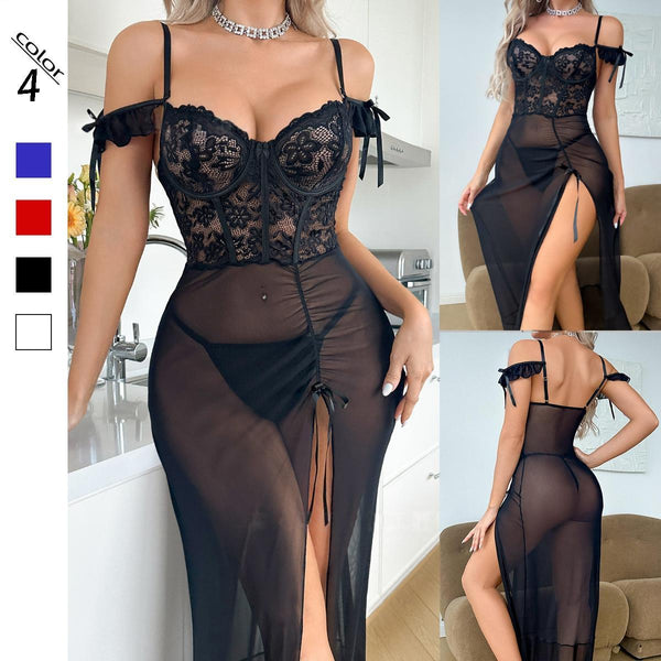 Women's Sheer Lace Chemise Set – One-Shoulder Mesh Nightgown with Spaghetti Straps
