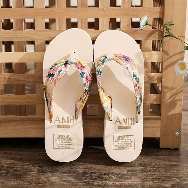 Satin Wedge Flip-Flop Slippers Shoes - Bohemian Floral Outdoor Beach Sandals