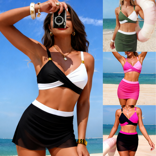 Women's Skirted Bikini Set with Mesh Cover – Wireless Padded Swimwear